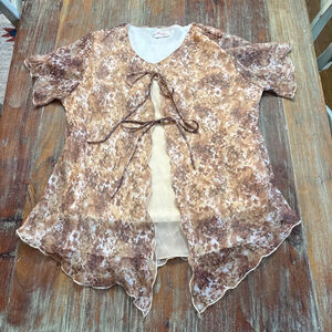 Anne Berry by Dior Plus 4X Brown Beige Floral Chiffon Blouse Fairy Romantic